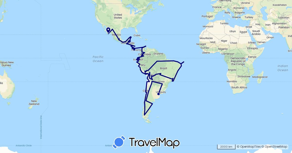 TravelMap itinerary: driving in Argentina, Bolivia, Brazil, Belize, Chile, Colombia, Costa Rica, Ecuador, Guatemala, Mexico, Nicaragua, Peru (North America, South America)