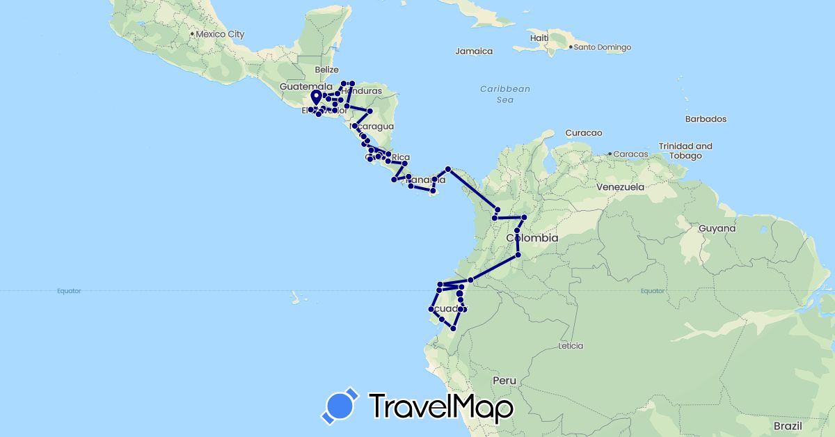 TravelMap itinerary: driving in Colombia, Costa Rica, Ecuador, Honduras, Nicaragua, Panama, El Salvador (North America, South America)